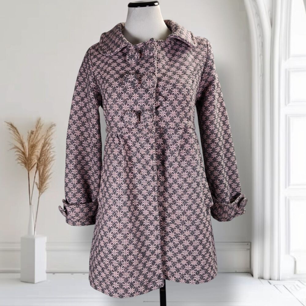 Vintage 60s Mod Pea Coat Size S Pink Snowflake Tweed Collared Handmade